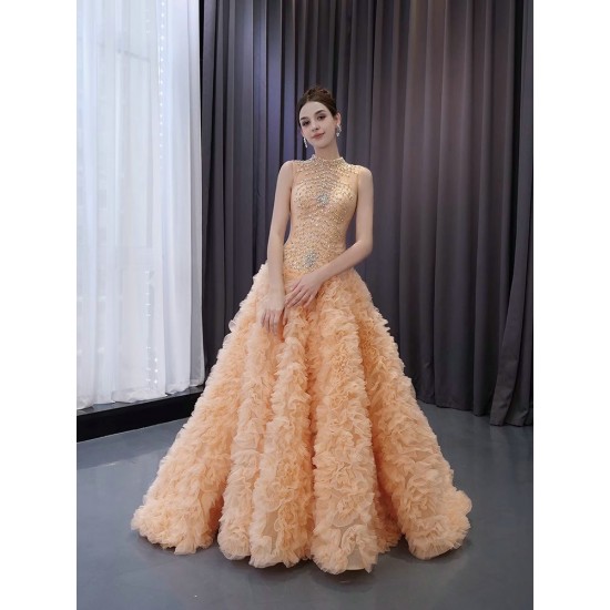 2024 Orange Prom Evening Dresses Women High Neck Ruffled Party Prom Dress A Line Prom Gowns Custom Size