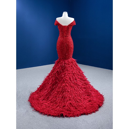 2024 Red Mermaid Beaded Evening Dresses Floor Length DuBai Formal Prom Party Gowns Vestido De Gala