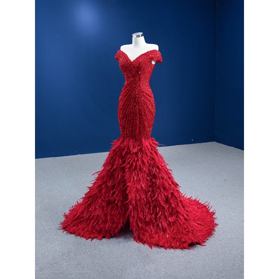 2024 Red Mermaid Beaded Evening Dresses Floor Length DuBai Formal Prom Party Gowns Vestido De Gala