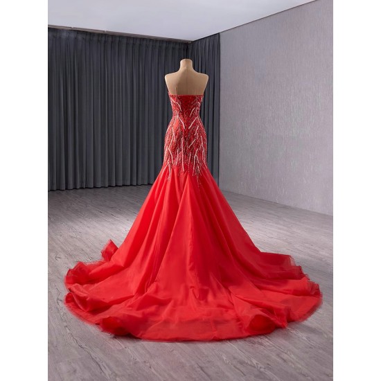 2024 Red Mermaid Prom Dresses Strapless Evening Dress Floor Length Sweetheart Neck Cocktail Party Gowns Custom Size