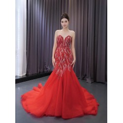 2024 Red Mermaid Prom Dresses Strapless Evening Dress Floor Length Sweetheart Neck Cocktail Party Gowns Custom Size