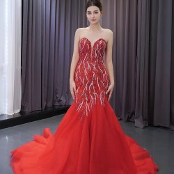 2024 Red Mermaid Prom Dresses Strapless Evening Dress Floor Length Sweetheart Neck Cocktail Party Gowns Custom Size