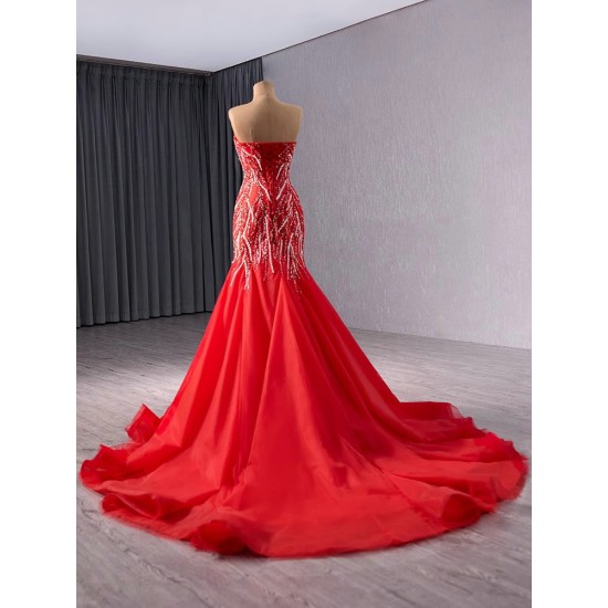 2024 Red Mermaid Prom Dresses Strapless Evening Dress Floor Length Sweetheart Neck Cocktail Party Gowns Custom Size