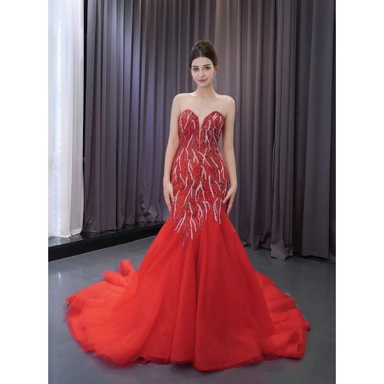 2024 Red Mermaid Prom Dresses Strapless Evening Dress Floor Length Sweetheart Neck Cocktail Party Gowns Custom Size