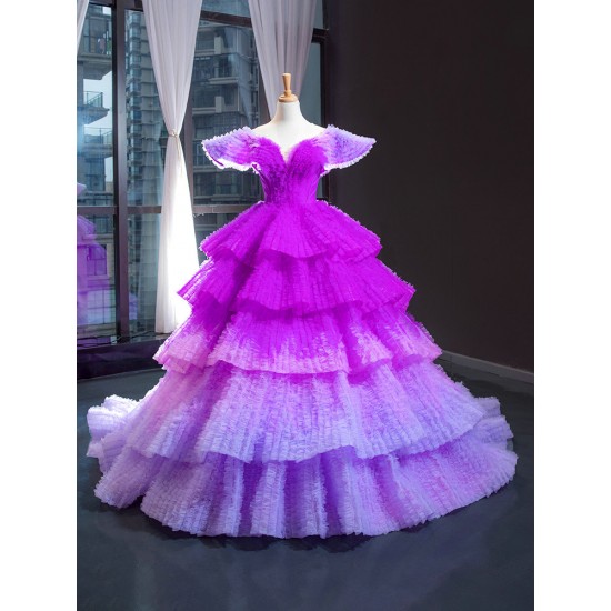 2024 Tiered Evening Dresses Purple Birthday Party Dresses for Women Arabic Wedding Party Gowns