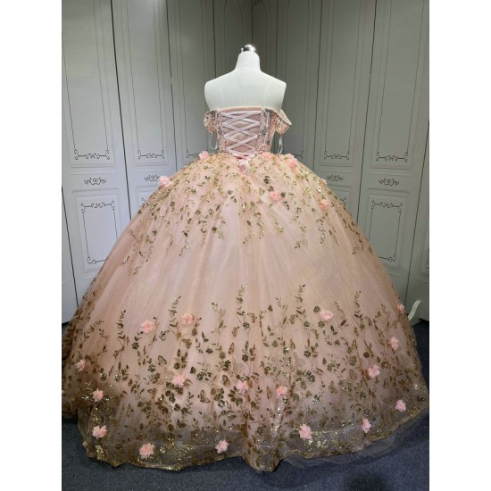 2025 Pink Off Shoulder Ball Gown Quinceanera Dresses Beading Crystal Lace Appliques Tull Sweet 16 15 Birthday Vestido De 15 Anos