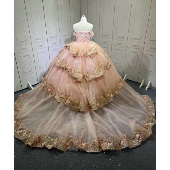 2025 Pink Off Shoulder Ball Gown Quinceanera Dresses Beading Crystal Lace Appliques Tull Sweet 16 15 Birthday Vestido De 15 Anos