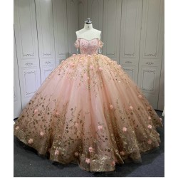 2025 Pink Off Shoulder Ball Gown Quinceanera Dresses Beading Crystal Lace Appliques Tull Sweet 16 15 Birthday Vestido De 15 Anos