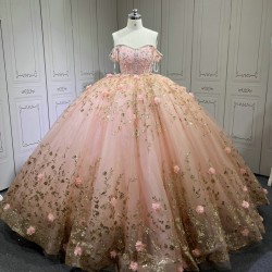 2025 Pink Off Shoulder Ball Gown Quinceanera Dresses Beading Crystal Lace Appliques Tull Sweet 16 15 Birthday Vestido De 15 Anos