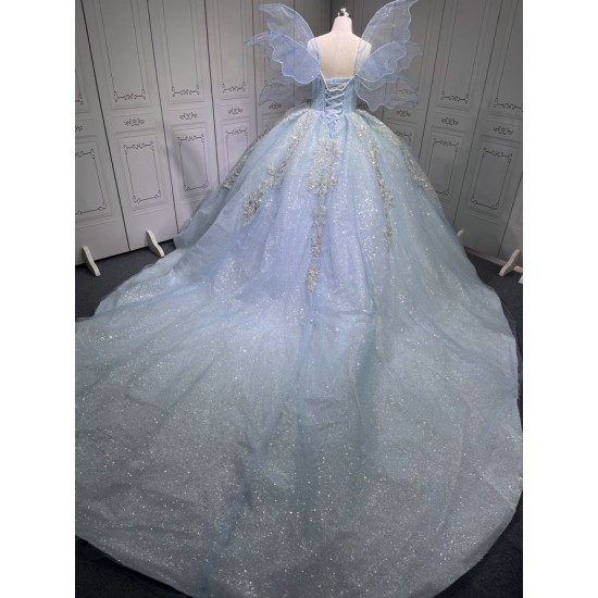 2025 Sky Blue Quince Dress Sleeveless Girl Sweet 15 Gowns Shiny Sequin Birthday Party Dress With Bow