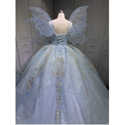 2025 Sky Blue Quince Dress Sleeveless Girl Sweet 15 Gowns Shiny Sequin Birthday Party Dress With Bow