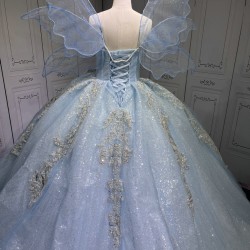 2025 Sky Blue Quince Dress Sleeveless Girl Sweet 15 Gowns Shiny Sequin Birthday Party Dress With Bow