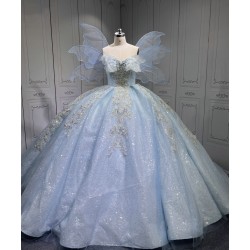 2025 Sky Blue Quince Dress Sleeveless Girl Sweet 15 Gowns Shiny Sequin Birthday Party Dress With Bow