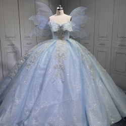 2025 Sky Blue Quince Dress Sleeveless Girl Sweet 15 Gowns Shiny Sequin Birthday Party Dress With Bow