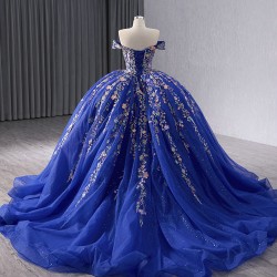 3D Floral Blue Appliqued Quinceanera Dress Off The Shoulder Women Prom Dresses Sweet 15 Dresses Tulle Ball Gown