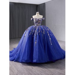 3D Floral Blue Appliqued Quinceanera Dress Off The Shoulder Women Prom Dresses Sweet 15 Dresses Tulle Ball Gown