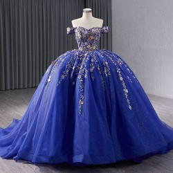 3D Floral Blue Appliqued Quinceanera Dress Off The Shoulder Women Prom Dresses Sweet 15 Dresses Tulle Ball Gown