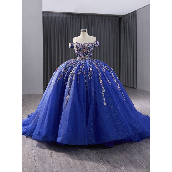 3D Floral Blue Appliqued Quinceanera Dress Off The Shoulder Women Prom Dresses Sweet 15 Dresses Tulle Ball Gown