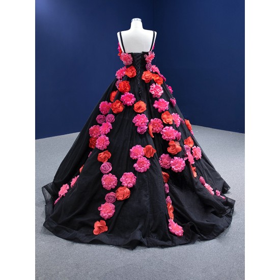 3D Flowers Black Quinceanera Dress 2024 Cocktail Dresses Vestidos De Baile Spaghetti Strap Ball Gown