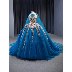 3D Flowers Blue Quinceanera Dress 2024 Cape Sleeve Ball Gown Sweet 15 16 Dresses Prom Gown