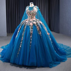 3D Flowers Blue Quinceanera Dress 2024 Cape Sleeve Ball Gown Sweet 15 16 Dresses Prom Gown