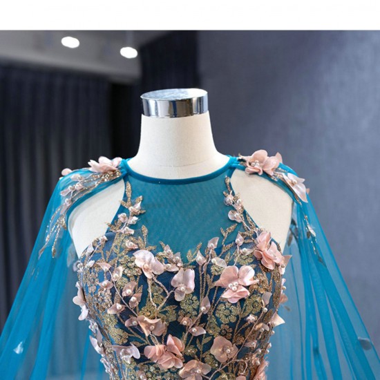 3D Flowers Blue Quinceanera Dress 2024 Cape Sleeve Ball Gown Sweet 15 16 Dresses Prom Gown