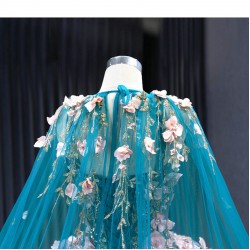 3D Flowers Blue Quinceanera Dress 2024 Cape Sleeve Ball Gown Sweet 15 16 Dresses Prom Gown