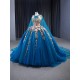 3D Flowers Blue Quinceanera Dress 2024 Cape Sleeve Ball Gown Sweet 15 16 Dresses Prom Gown