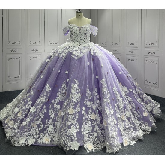 3D Flowers Lavender Quinceanera Dresses for Girls Sweet 15 Gowns Appliques Off Shoulder Vestido De 15 Anos Customised