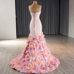 3D Flowers Pink Mermmaid Evening Dresses For Women Party Luxury Maxi Gowns Arabic Floor Length Prom Dress Vestidos