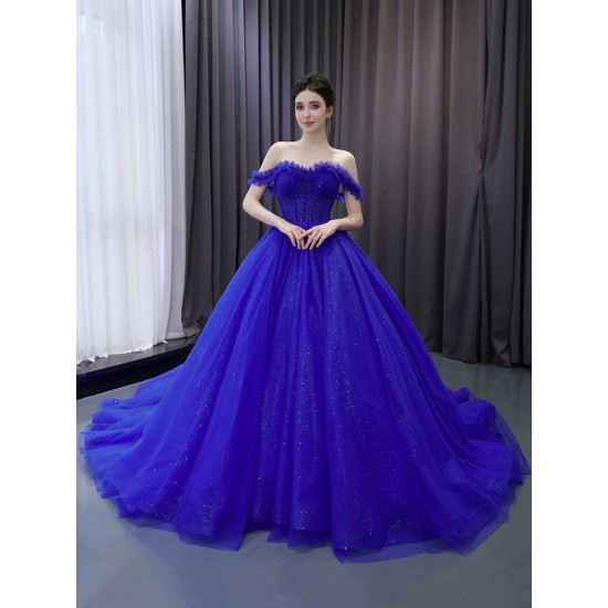 A Line Blue Formal Party Prom Dresses Sweetheart Neck Sweep Train Women Evening Dress