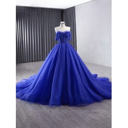 A Line Blue Formal Party Prom Dresses Sweetheart Neck Sweep Train Women Evening Dress