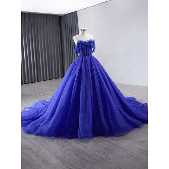 A Line Blue Formal Party Prom Dresses Sweetheart Neck Sweep Train Women Evening Dress