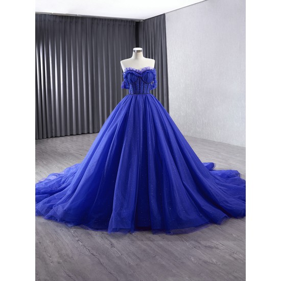 A Line Blue Formal Party Prom Dresses Sweetheart Neck Sweep Train Women Evening Dress