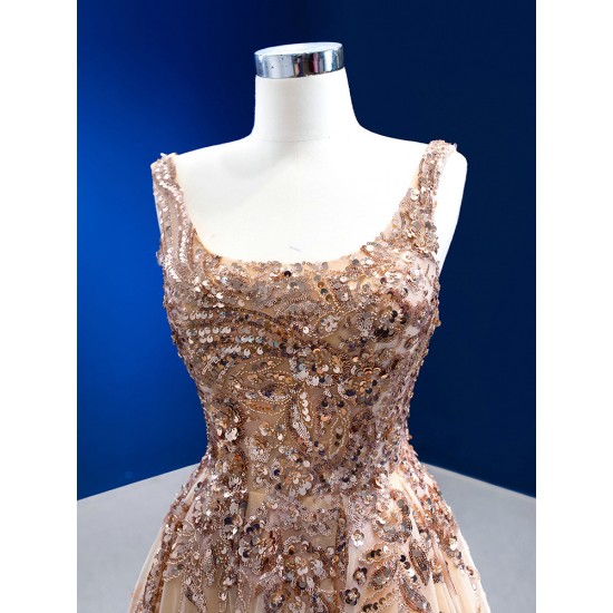 A Line Champagne Evening Dresses Appliques Sleeveless Formal Party Gowns Women Princess Dress