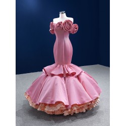 A Line Coral Tulle Formal Prom Dresses For Women Strapless Ruffles Evening Gowns Birthday Prom Dress