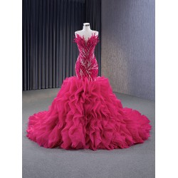 A Line Fuchsia Evening Dresses Mermaid Prom Party Dress Ruffled Sleeveless Women Gowns Formal Party Dress Customized