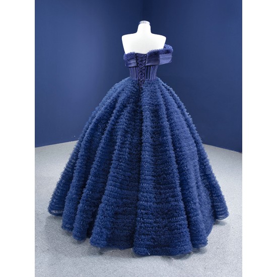 A Line Lace Navy Blue Prom Dress Strapless Formal Homecoming Party Dress Ruffled Special Occasion Gowns Customized