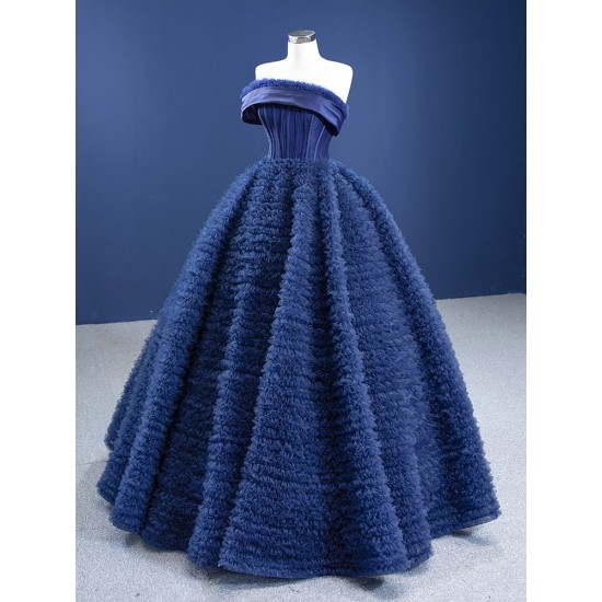 A Line Lace Navy Blue Prom Dress Strapless Formal Homecoming Party Dress Ruffled Special Occasion Gowns Customized