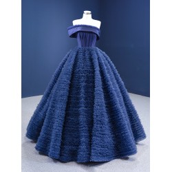 A Line Lace Navy Blue Prom Dress Strapless Formal Homecoming Party Dress Ruffled Special Occasion Gowns Customized