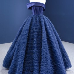 A Line Lace Navy Blue Prom Dress Strapless Formal Homecoming Party Dress Ruffled Special Occasion Gowns Customized