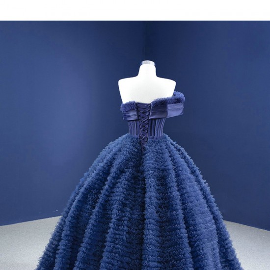 A Line Lace Navy Blue Prom Dress Strapless Formal Homecoming Party Dress Ruffled Special Occasion Gowns Customized