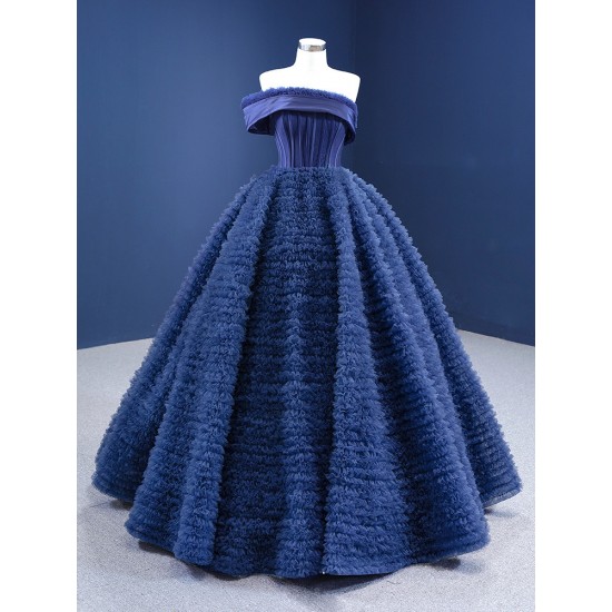 A Line Lace Navy Blue Prom Dress Strapless Formal Homecoming Party Dress Ruffled Special Occasion Gowns Customized