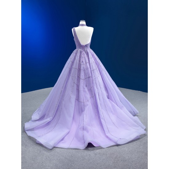 A Line Lavender Prom Dresses Women Sleeveless Formal Evening Party Dress Halter Neck Special Occasion Gowns