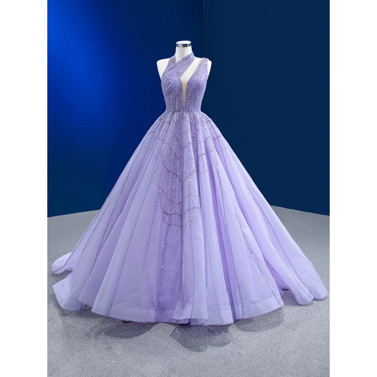 A Line Lavender Prom Dresses Women Sleeveless Formal Evening Party Dress Halter Neck Special Occasion Gowns