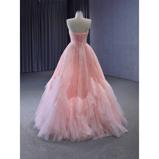 A Line Pink Prom Dresses Saudi Arabic Women Sleeveless Evening Dress Sweetheart Neck Party Gowns