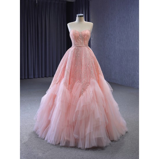 A Line Pink Prom Dresses Saudi Arabic Women Sleeveless Evening Dress Sweetheart Neck Party Gowns