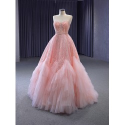 A Line Pink Prom Dresses Saudi Arabic Women Sleeveless Evening Dress Sweetheart Neck Party Gowns