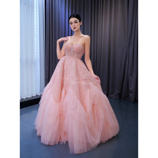 A Line Pink Prom Dresses Saudi Arabic Women Sleeveless Evening Dress Sweetheart Neck Party Gowns