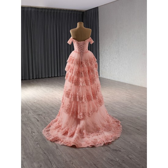 A Line Pink Prom Dresses Tiered Women Evening Dress Off Shoulder Formal Party Gowns